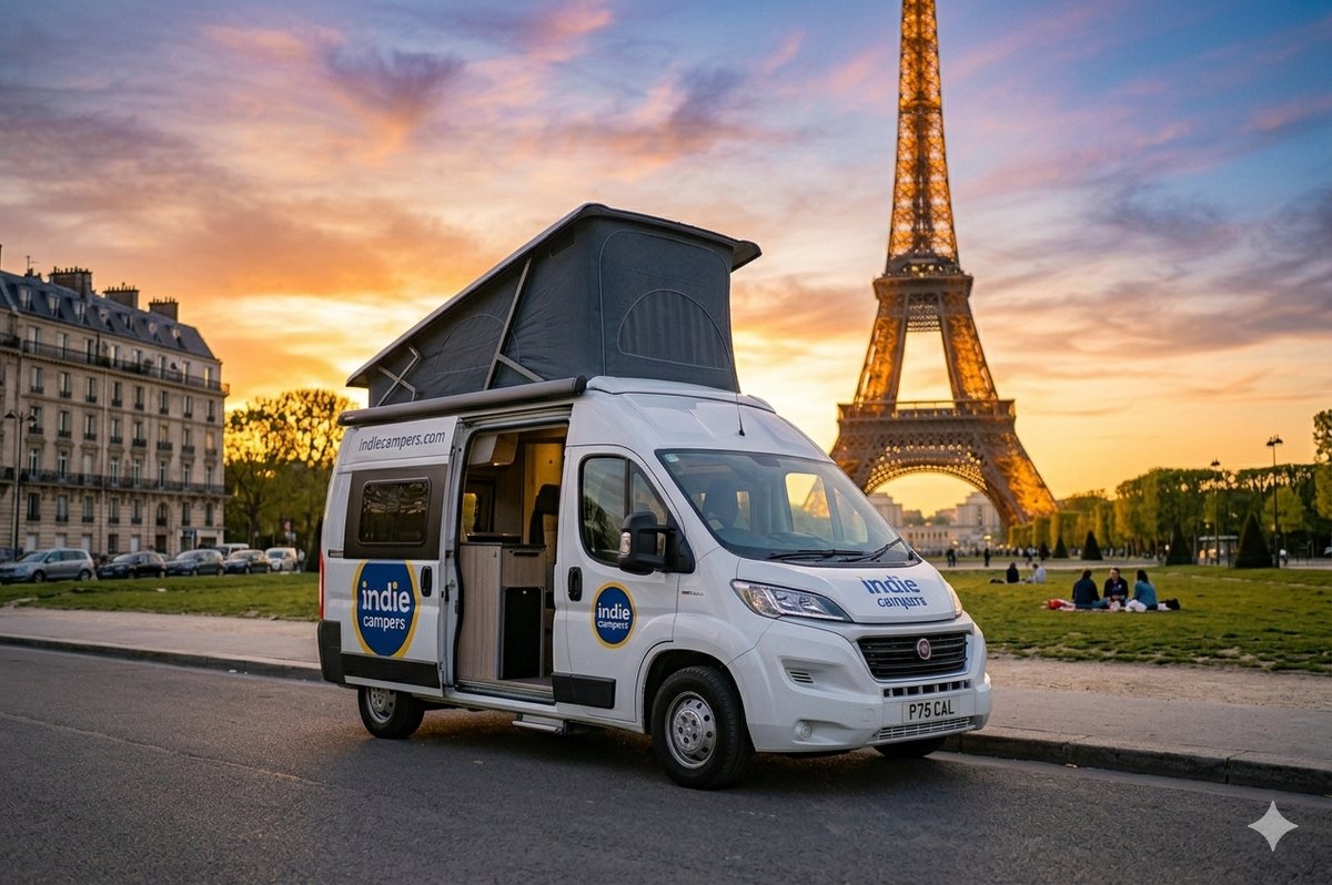 Indie Campers van at the Eiffel Tower